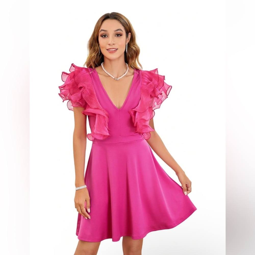 NWT No Label Size M Hot Pink Ruffle Layered Cocktail Dress